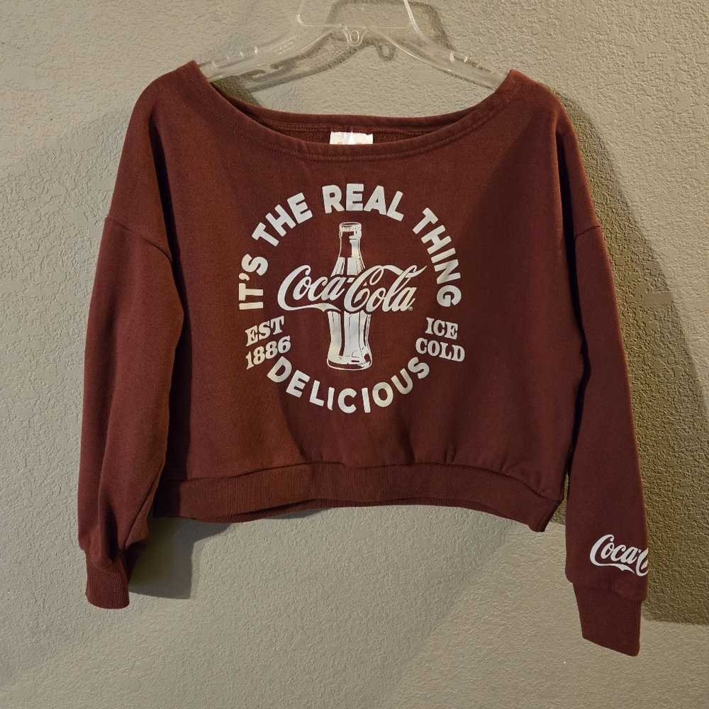 Coca-Cola Burgundy Long Sleeve Cropped Sweat Shirt Graphic Branded